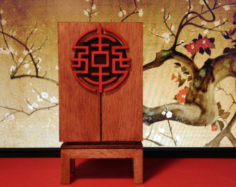 Oriental furniture, wooden cabinet with red symbol, 1/12 miniature for dollhouses