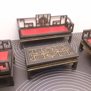Chinese furniture, living room set with 2 armchairs, 1 sofa and 1 tea table. Miniature 1/12 scale for dollhouses