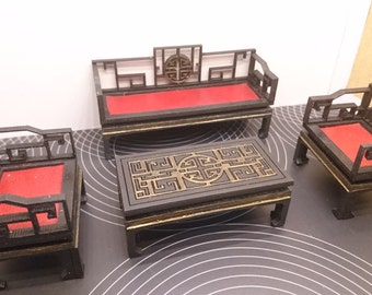 Miniature Chinese furniture, living room set with 2 armchairs, 1 sofa and 1 tea table. Miniature 1/12 scale for dollhouses