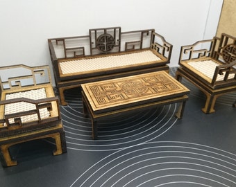Miniature Chinese furniture, living room set with 2 armchairs, 1 sofa and 1 tea table in natural wood. Miniature 1/12 scale for dollhouses