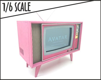 Miniature working vintage mid century pink TV, 1/6 scale (Barbie, Blythe, Pullip, etc)