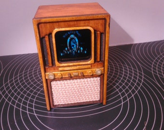 Miniature working vintage mid century 50s TV, 1/12 scale for dollhouse and roombox.