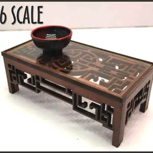Chinese furniture, engraved mahogany low table with glass. Miniature 1/6 scale for dollhouses