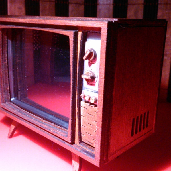 Dollhouse miniature working vintage mid century TV, 1/12 scale.