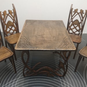 Ancienne table à manger Art nouveau avec 4 chaises, en bois sombre, miniature 1/12 pour maisons de poupée