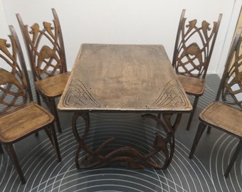 Old Art Nouveau dining table with 4 chairs, in dark wood, 1/12 miniature for dollhouses