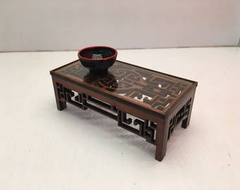 Chinese furniture, engraved mahogany low table with glass. Miniature 1/12 scale for dollhouses