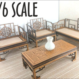 May include: A set of miniature wooden furniture in a 1/6 scale, including two chairs, a sofa, a coffee table, and a white ceramic vase. The furniture is intricately carved with traditional Chinese designs.