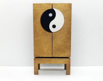 Oriental furniture, golden wooden cabinet with Yin Yang symbol, 1/12 miniature for dollhouses