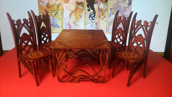 Art Nouveau Mahogany Dining Table With 4 Chairs 1 12 Miniature
