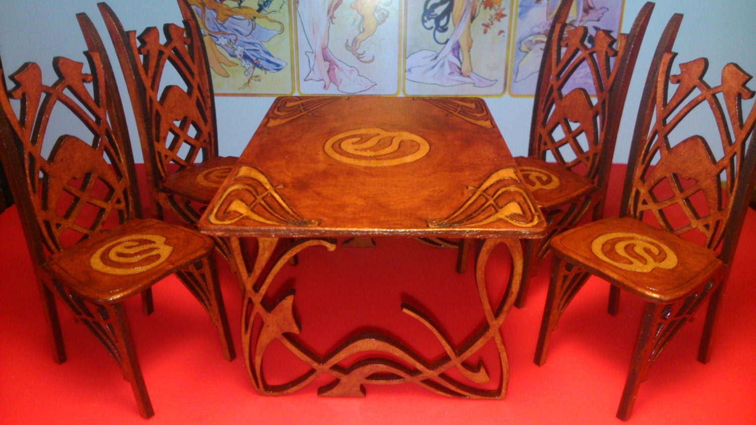 Art Nouveau Dining Table With 4 Chairs 1 12 Miniature For Dollhouses - Art Nouveau Dining Room Chairs Art Nouveau Dining Table With 4 Chairs 1 12 Miniature For Dollhouses - Art Nouveau Dining Room Chairs