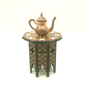 Mini Moroccan furniture, octogonal side table with engraved motifs. Miniature 1/12 scale for dollhouses