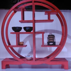 Oriental furniture, red chinese assymetric bookcase, 1/12 miniature for dollhouses