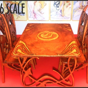 Art Nouveau mahogany dining table with 4 chairs, 1/12 miniature for dollhouses