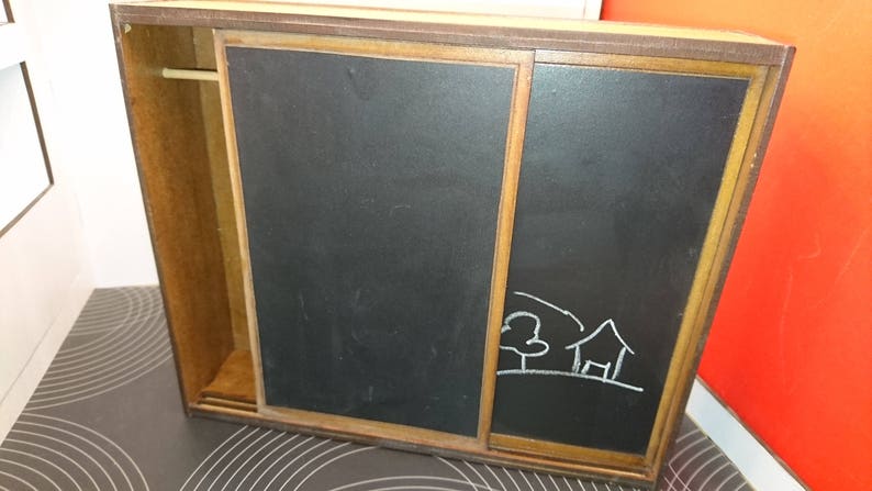 IKEA inspired miniature dark wood modern wardrobe with chalkboard surface, 1/12 scale for dollhouses image 1