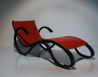 Art Nouveau style red PU leather chaise longue, 1/12 miniature for dollhouses