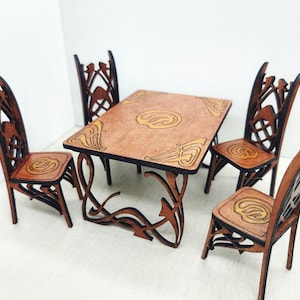 Art Nouveau mahogany dining table with 4 chairs, 1/12 miniature for dollhouses