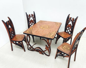 Art Nouveau mahogany dining table with 4 chairs, 1/12 miniature for dollhouses