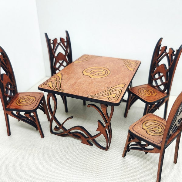 Art Nouveau mahogany dining table with 4 chairs, 1/12 miniature for dollhouses