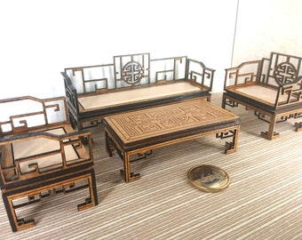 Miniature Chinese furniture, living room set with 2 armchairs, 1 sofa and 1 tea table in golden oak. Miniature 1/12 scale for dollhouses