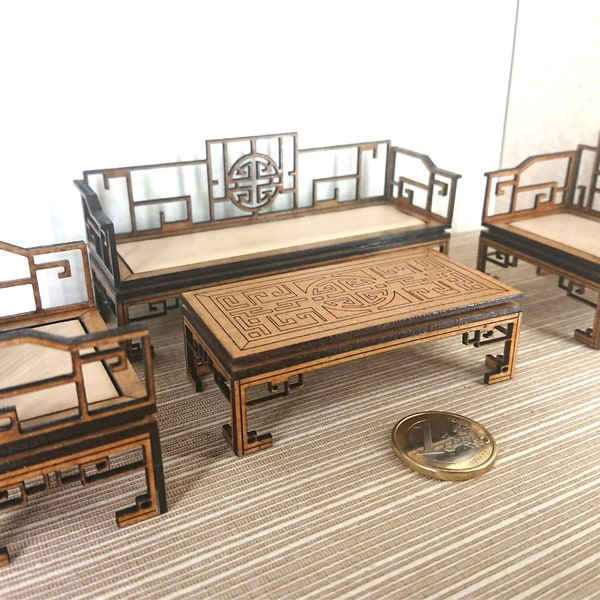 Chinese furniture, living room set with 2 armchairs, 1 sofa and 1 tea table in golden oak. Miniature 1/12 scale for dollhouses