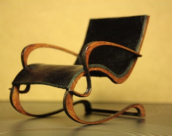 Art Nouveau style black PU leather armchair , 1/12 miniature for dollhouses