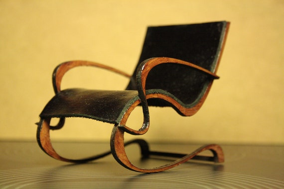 Art Nouveau style black PU leather armchair , 1/12 miniature for dollhouses