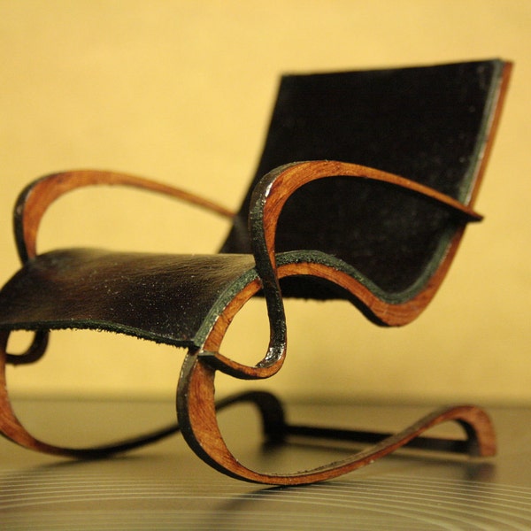 Art Nouveau style black PU leather armchair , 1/12 miniature for dollhouses