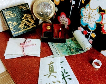 Japanese miniature dollhouse antique lacquered calligraphy box with paper, 1/12 scale