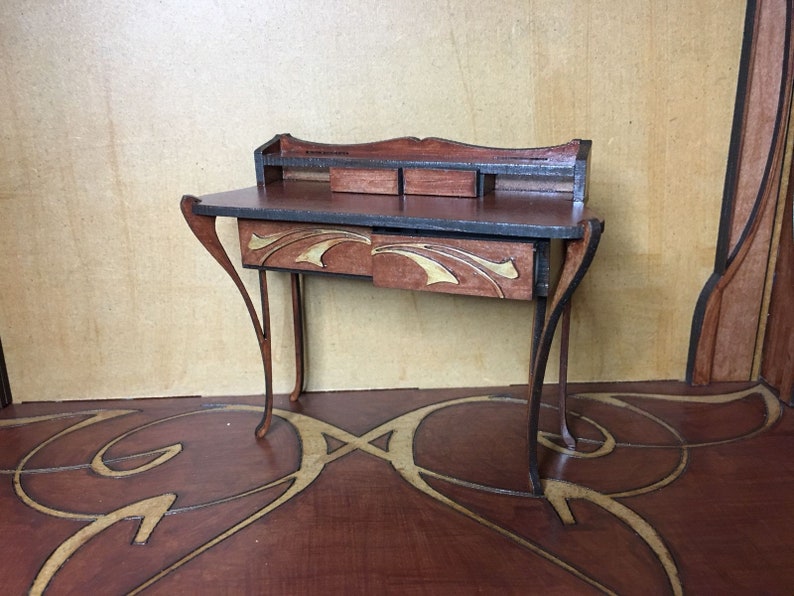 Art Nouveau miniature 1/12 scale mahogany desk image 1
