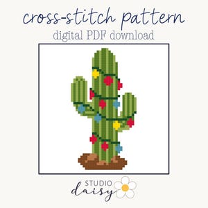 Christmas Cactus Cross Stitch Pattern PDF, Desert String Lights Counted Chart, Cute Boho Beginner Hoop Art, Southwest Holiday Wall Decor