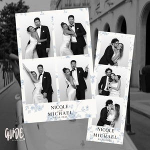 May include: A photo booth backdrop with a floral design and the text "Nicole and Michael 03.15.2025". The backdrop is in black and white and features several photos of a couple.