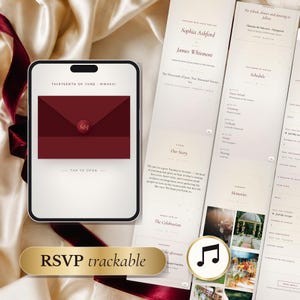 Puede incluir: Una invitación de boda digital en una pantalla con un sobre rojo oscuro y un sello de cera, junto a un diseño vertical de detalles del evento, un horario y un formulario de confirmación con el texto RSVP trackable y un icono de nota musical.