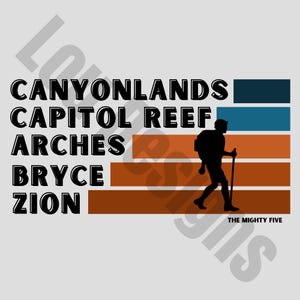 May include: A graphic design featuring the names of five national parks: Canyonlands, Capitol Reef, Arches, Bryce, and Zion. The text is in black and the background is a light gray. A silhouette of a hiker with a backpack and hiking stick is walking across the graphic. The text "The Mighty Five" is at the bottom of the graphic.