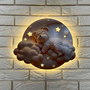Nursery Night Light Bear | Kids Wall Light | Baby Room Decor | Cloud & Star Night Lamp | Plush Teddy Night Light | Baby Shower Gift