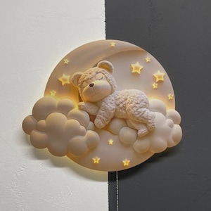 Bear Night Light for Baby Nursery – Moon & Cloud LED Lamp – Cute Woodland Kids Room Decor. Nursery Lighting, Kids Wall Lamp Cloud Light