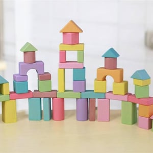 Wooden Building Blocks Set – 48 pcs Montessori Construction Toy – Natural Eco-Friendly Educational Toy for Kids, Boys & Girls