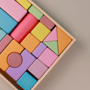 Wooden Building Blocks Set 48 pcs | Montessori Toys for Kids | Colorful Wooden Block Set | Waldorf Toys | Toddler Educational Gift