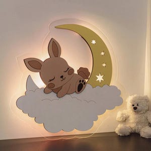 Wooden Night Light for Kids – Bunny Nursery Lamp – Baby Room LED Night Light – Custom Animal Lamp – Sleeping Bunny Moon Cloud Decor
