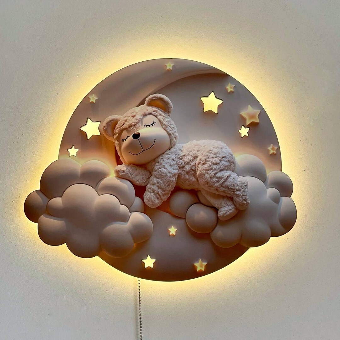 Handmade Teddy Bear Night Light – Nursery Wall Lamp, Soft Glow Cloud ...