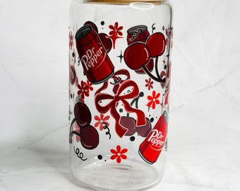16oz Dr Pepper Inspired Tumbler, Cherry Soda Glass Can Cup, Bamboo Lid Drinkware