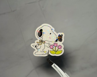 Holographic Spring Puppy Sticker, Butterfly Decal, Vinyl Planner Sticker