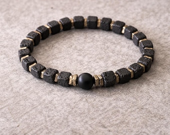 Men's Matte Black Onyx Lava Stone Bracelet, Minimalist Beaded Jewelry