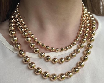 Collier de perles en or 18 carats | Collier chaîne boules superposées 4 mm 6 mm 8 mm 10 mm