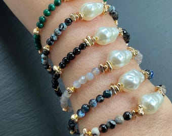 Handmade Baroque Pearl & Gray Agate Beaded Bracelet, Gold Accent