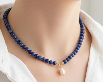 Handmade Lapis Lazuli Necklace, Baroque Pearl Pendant