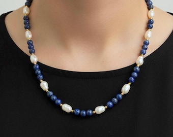 Lapis Lazuli Halskette, Gold Perlen Choker mit Barock Perle, Geschenk für Mutter