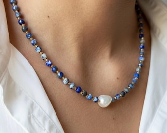 Collana in lapislazzuli, gioielli in cristallo fatti a mano, collana con pietre preziose