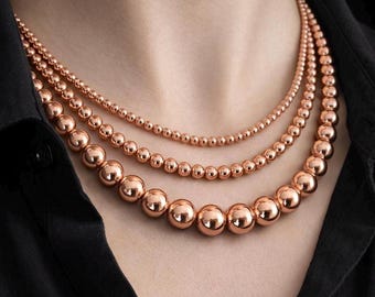 Collana con perline in oro rosa / Collana con catena a sfere a strati da 4 mm, 6 mm e 10 mm