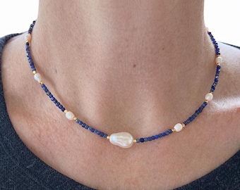 Lapis Lazuli Beaded Necklace with Freshwater Pearl, Gold Accents